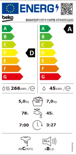 BEKO BMM5DFO5741WPB mosó-szárítógép, 7/5 kg, 1400 ford./perc, ProSmart inverter motor