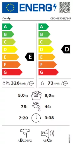 CANDY CBD 485D1E/1-S beépíthető mosó-szárítógép, 8 kg mosás / 5 kg szárítás