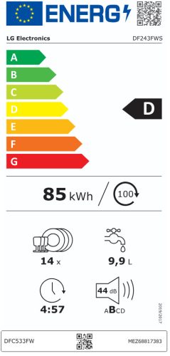LG DF243FWS QuadWash™ gőzös mosogatógép TrueSteam™ technológiával, 14 teríték, ThinQ™ WiFi funkció