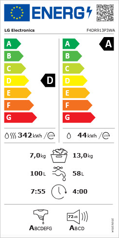 LG F4DR913P3WA 13/7 kg, max. 1400 ford./perc, Gőz mosó- és szárítógép, TurboWash™360, AI DD™ és WiFi funkció