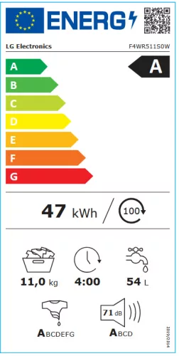 LG F4WR511S0W 11 kg-os elöltöltős gőzmosógép, AI DD™, TurboWash™360°, A energiaosztály