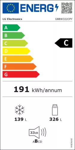 LG GBBW322CPY alulfagyasztós hűtőszekrény, 465 l, C energiaosztály, ThinQ WiFi