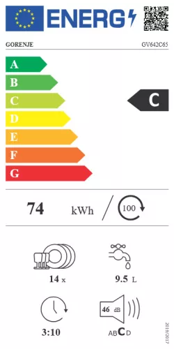 GORENJE GV642C65 beépíthető mosogatógép, 14 terítékes, C energiaosztály