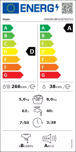 Haier HWD80-BP14357TU1 mosó-szárítógép, 8/5 kg, WiFi, gőzfunkció