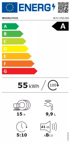 Whirlpool W7U HS61BS beépíthető mosogatógép, 15 teríték, A energiaosztály, 41 dB