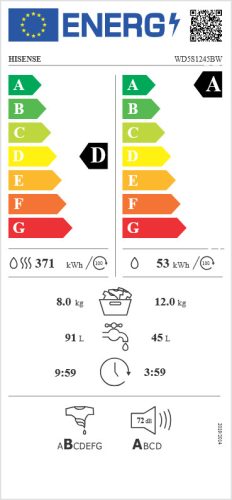 HISENSE WD5S1245BW mosó- és szárítógép 12/8 kg, 1400 fordulat