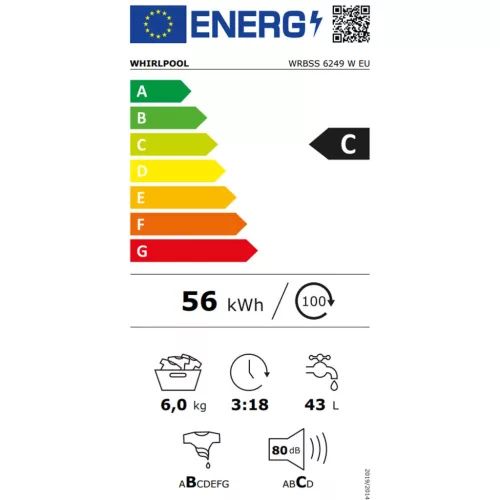 Whirlpool WRBSS 6249 W EU keskeny elöltöltős mosógép, 6 kg, 6TH SENSE, Inverter Motor