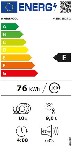WHIRLPOOL WSBC 3M27 X mosogatógép beépíthető 10 teríték keskeny